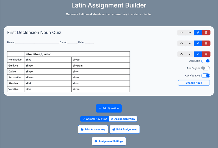 Latin assignment builder screenshot