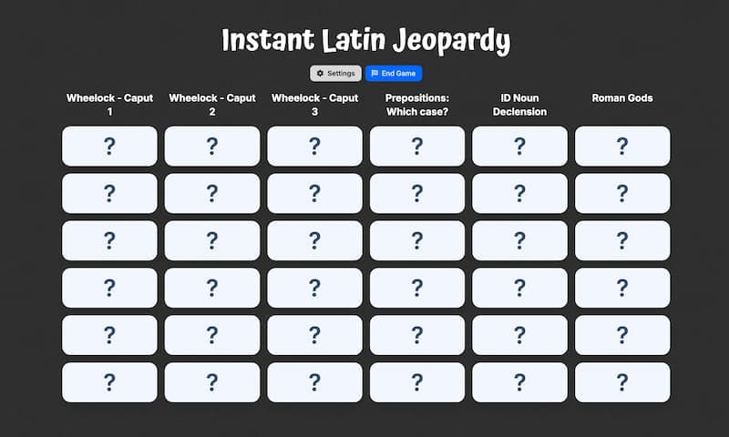 Screenshot of Instant Latin Jeopardy