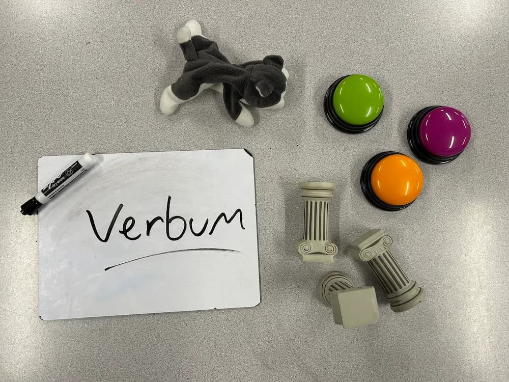 Items you can use in the classroom to decide who gets to answer review games questions first, from left to right: a whiteboard, a stuffed animal, foam columns, buzzer-buttons