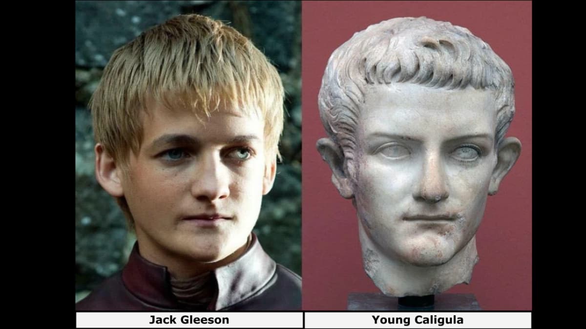 Side-by-side images of Jack Gleeson and a young Emperor Caligula