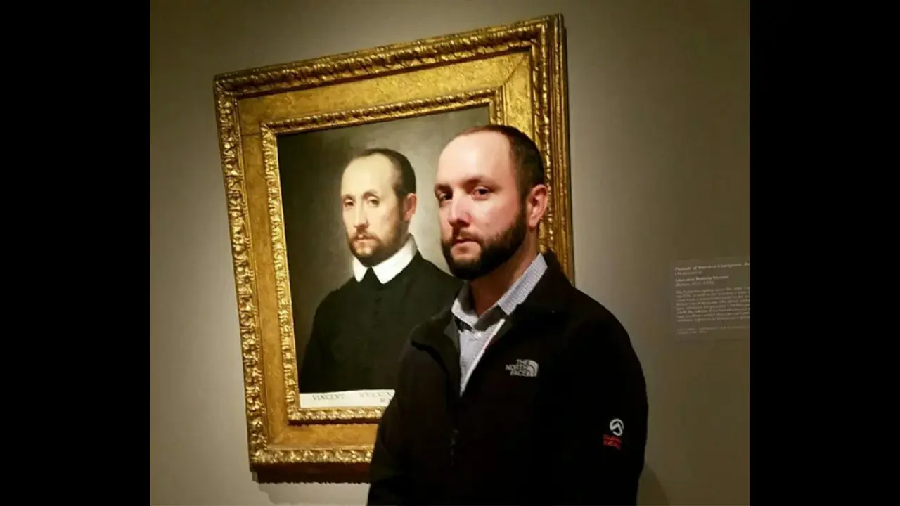 A bearded museum-goer with their renaissance art look-alike.
