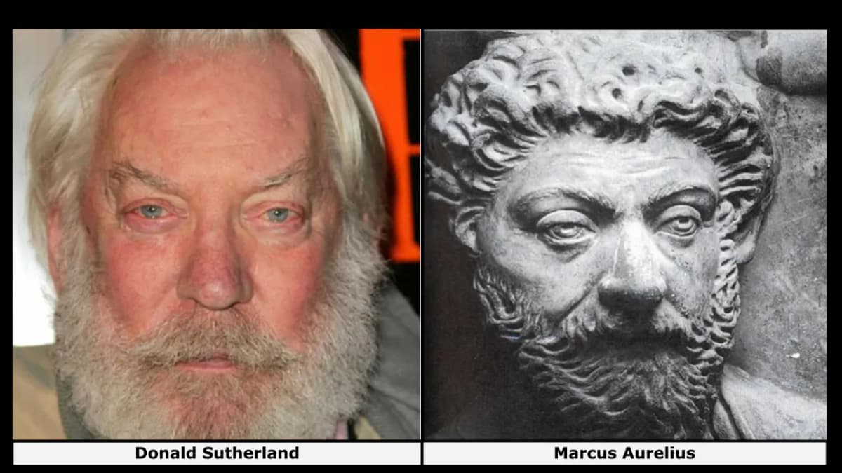 Side-by-side images of Donald Sutherland and Marcus Aurelius