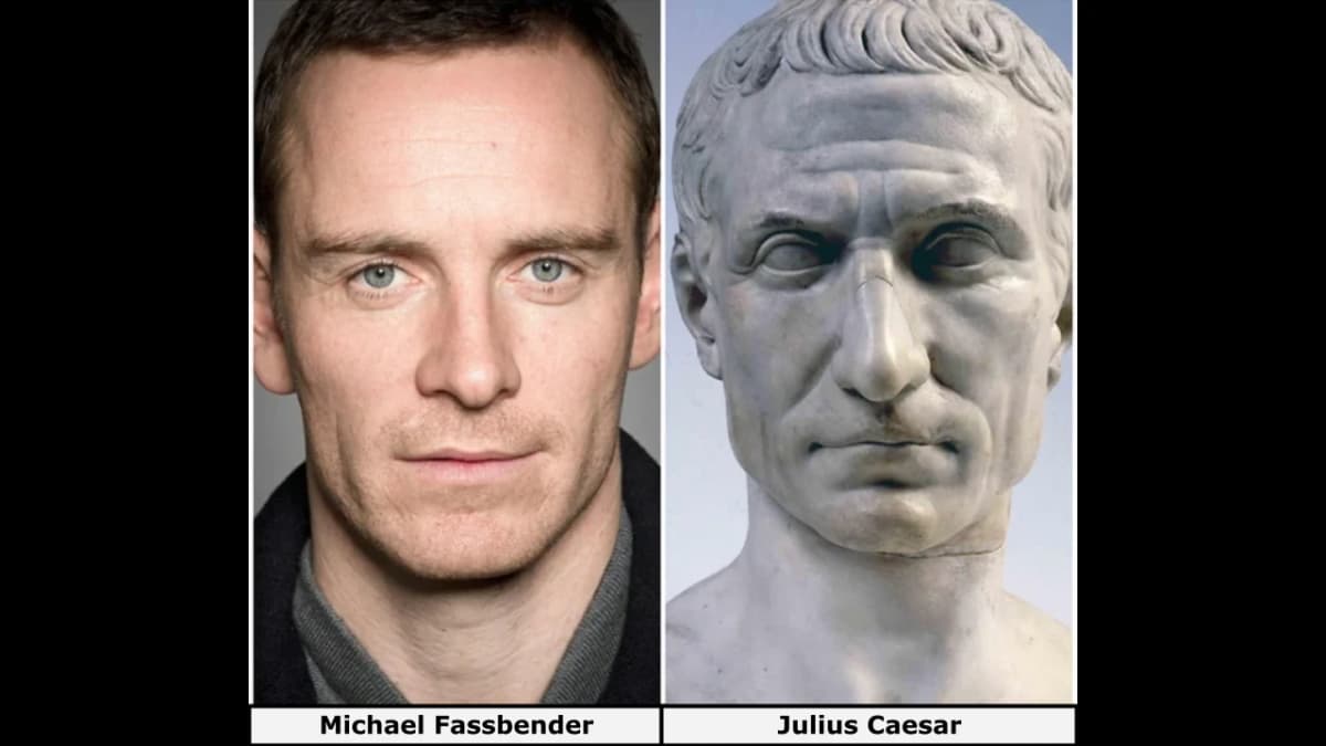 Side-by-side images of Michael Fassbender and Julius Caesar