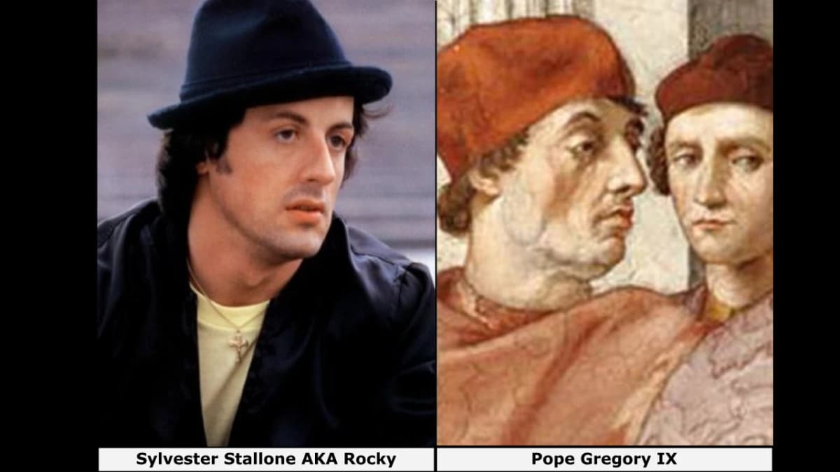 Side-by-side images of Sylvester Stallone and Pope Gregory IX