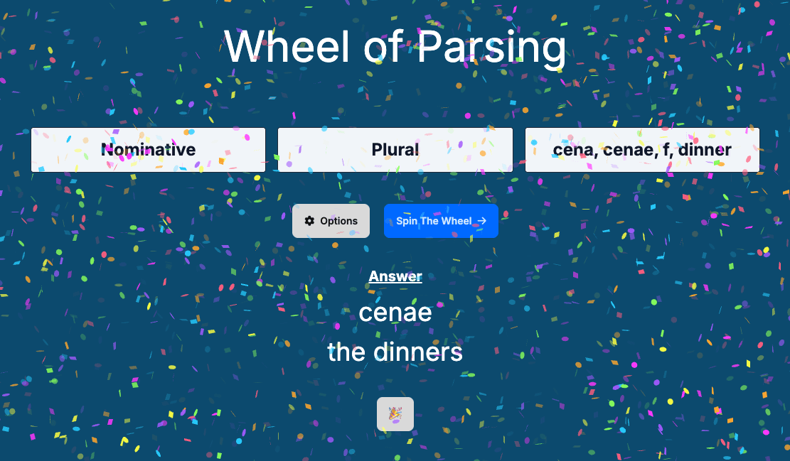 Screenshot of Wheel of Parsing Latin game